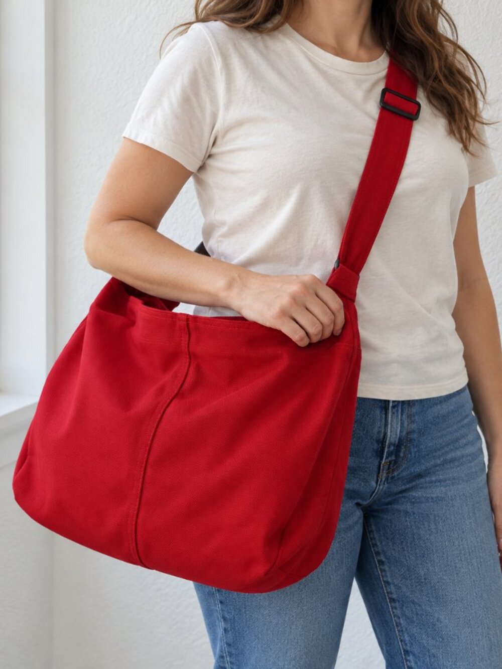 Red Large Canvas Crossbody Hobo Newspaper Bag Adjustable Shoulder Tote